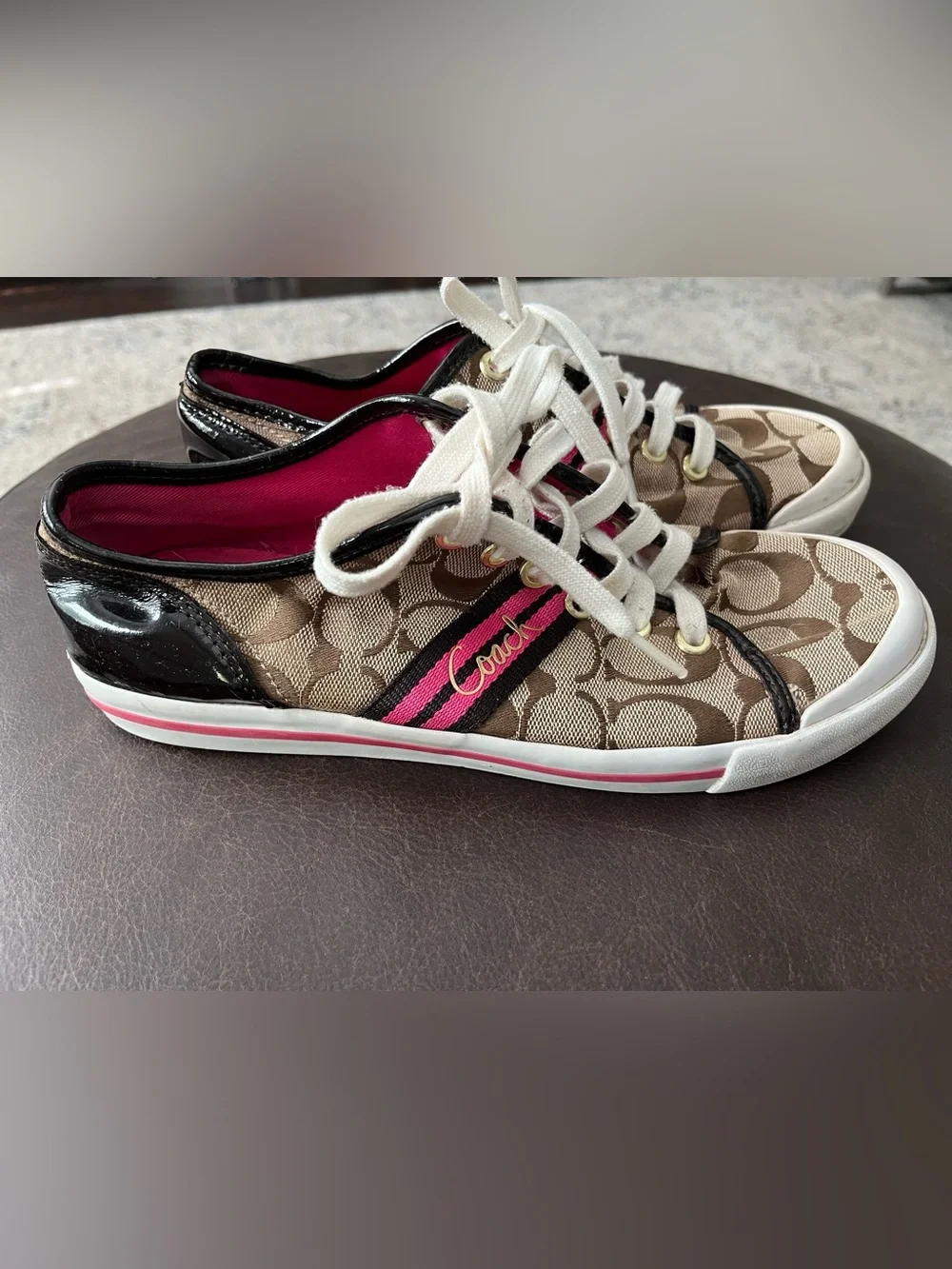 Coach Signature Low-Top Sneakers in Brown, White & Pink